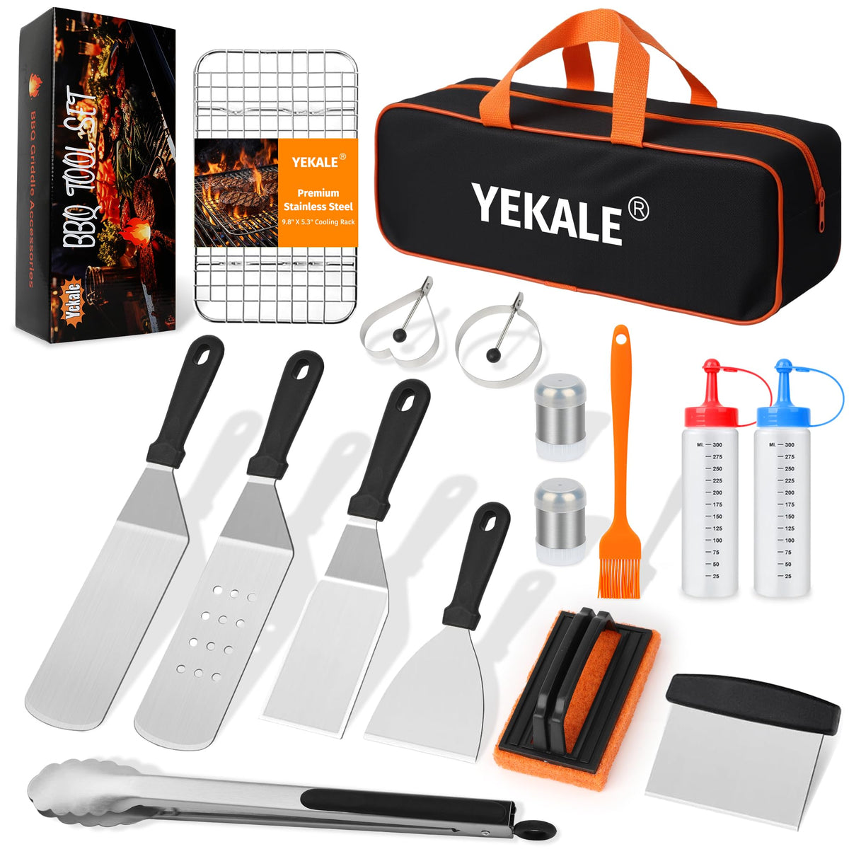 Yekale front packaging showing complete 17-piece griddle kit and benefits