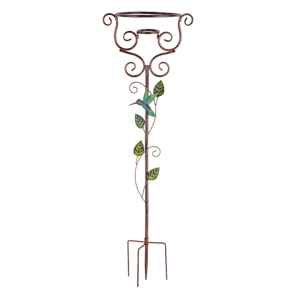 YELENEW front view of stand showing hummingbird vine, adds garden focal point