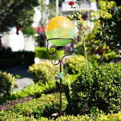 YELENEW stand holding a glass gazing ball in garden to reflect surroundings