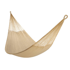 Yellow Leaf Hammocks front view showing full double-size bed and neutral khaki color