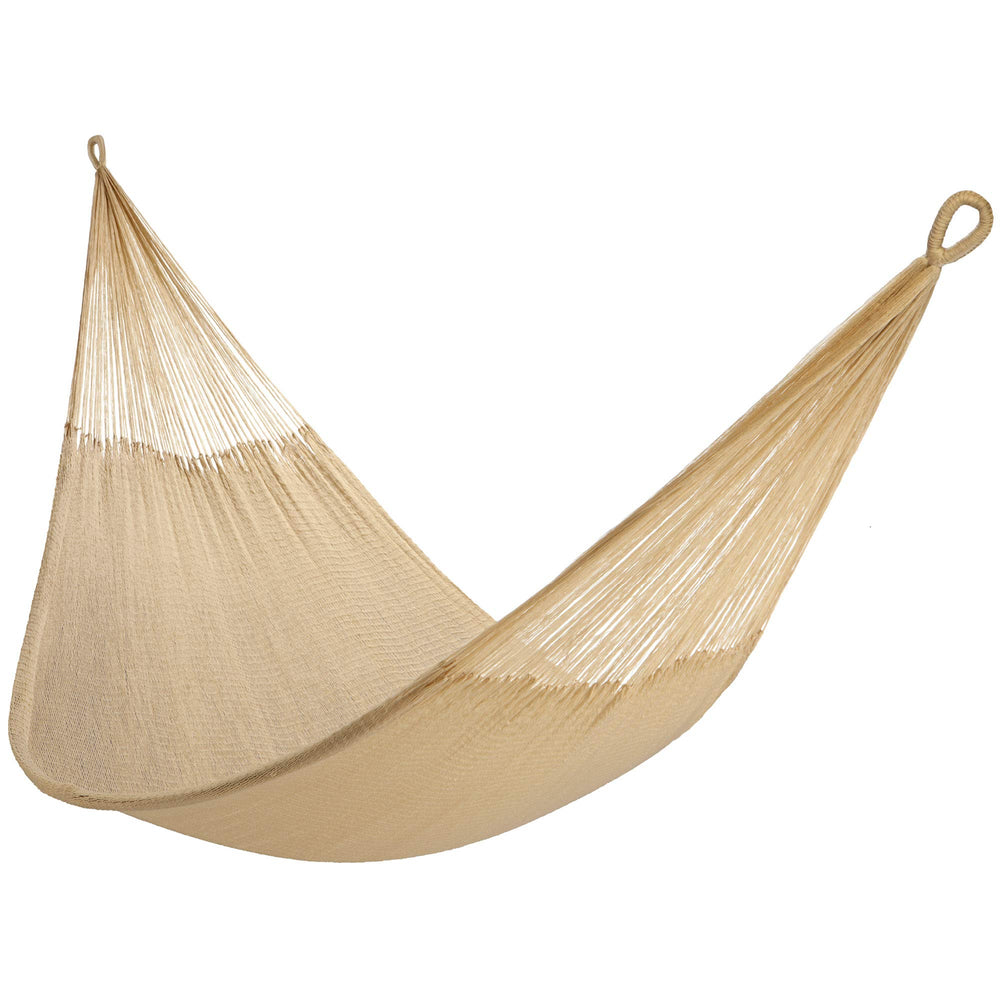 Yellow Leaf Hammocks next to a queen-size mattress showing generous size comparison