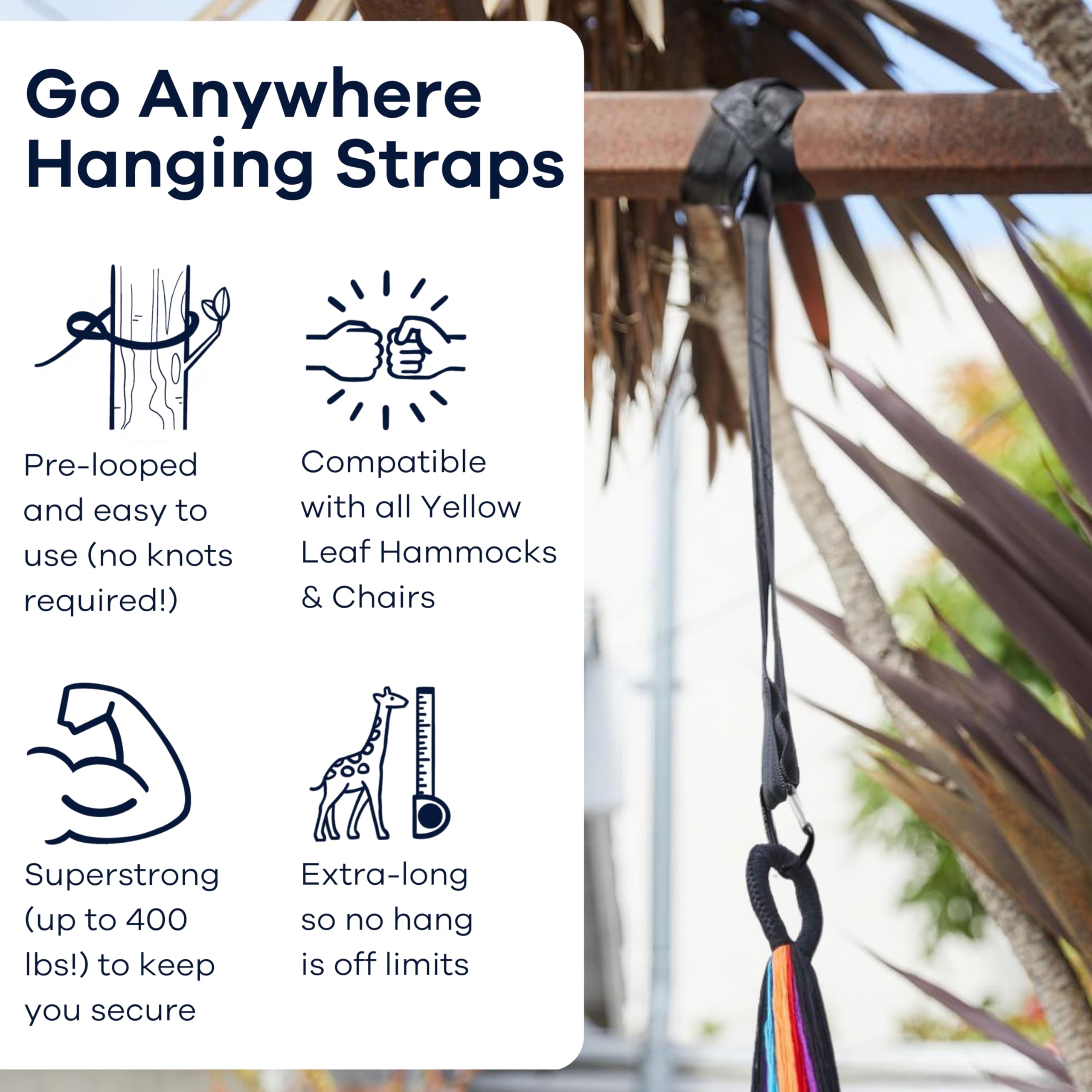 Yellow Leaf Hammocks straps wrapped around tree protecting bark and supporting hammock
