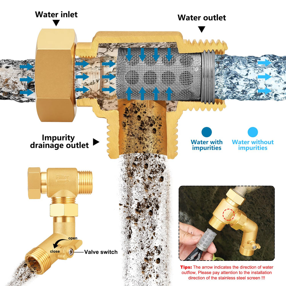 YELUN filter installed with 45° elbow showing shut-off valve for easy maintenance