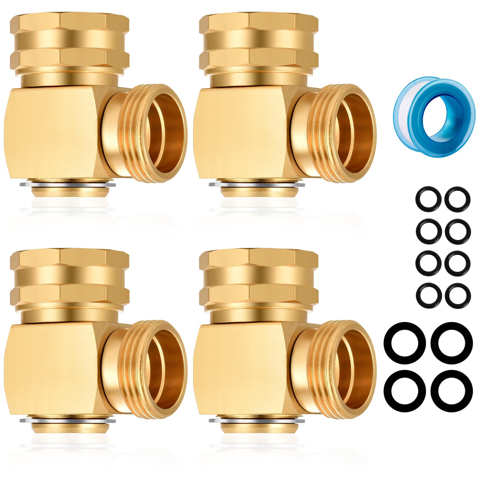 YELUN front view of four brass swivel elbows showing compact pack and solid finish