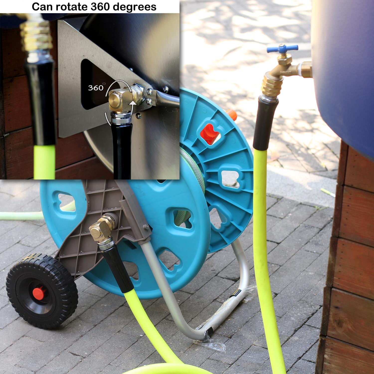 YELUN elbow beside garden hose for scale showing compact durable brass fitting