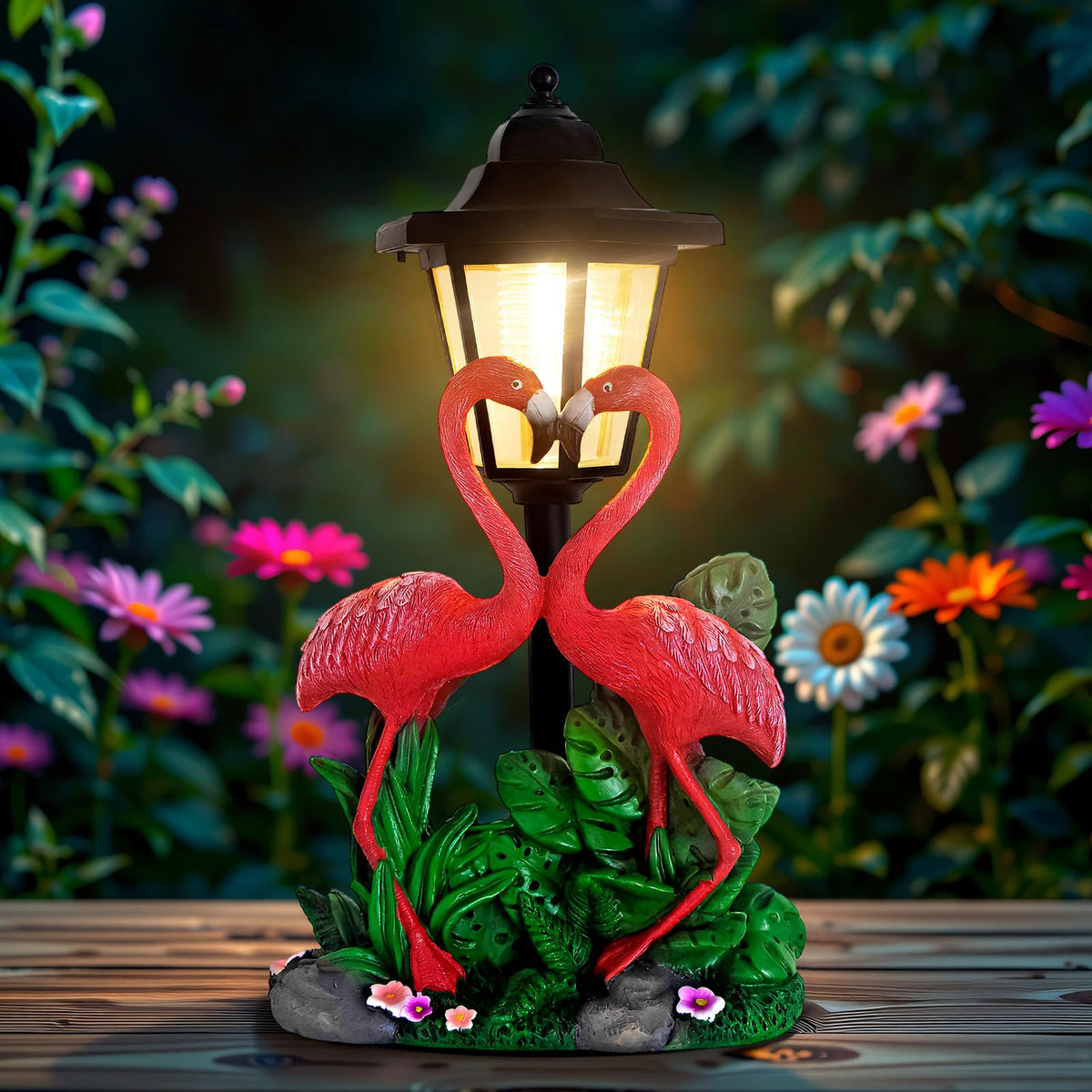 YEPOTUE flamingo front view showing couple statue and lantern for charming garden décor