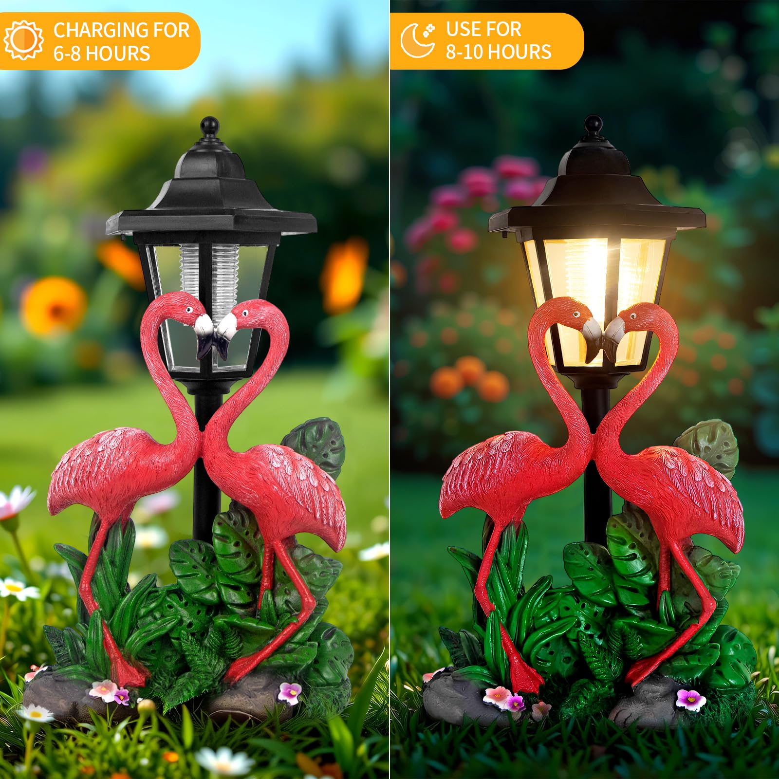 YEPOTUE flamingo next to hand to show size and ease of placement in outdoor spaces