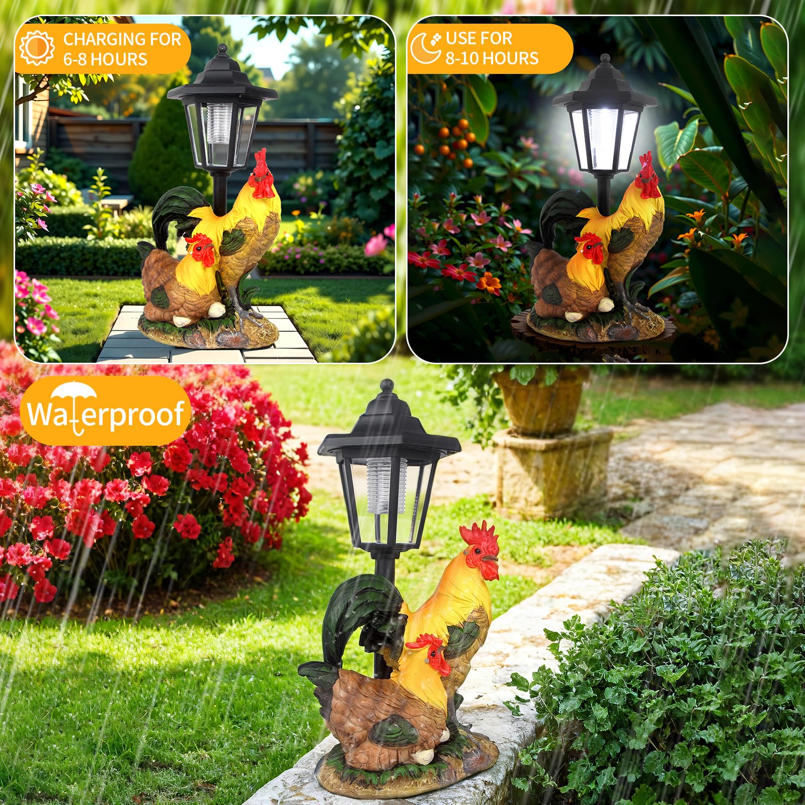 YEPOTUE side profile of rooster and hen figure, highlights lifelike details and durability