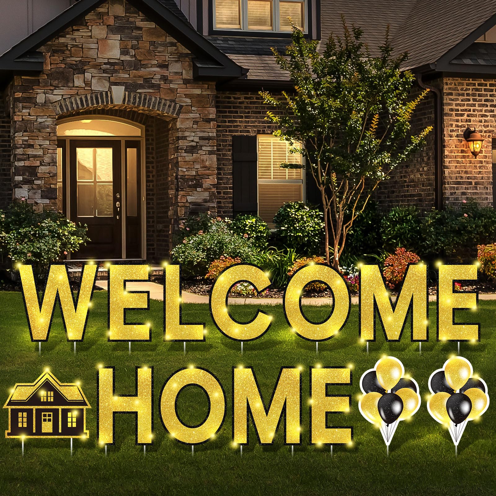 Yerliker front view of full welcome home sign showing clear greeting and curb appeal