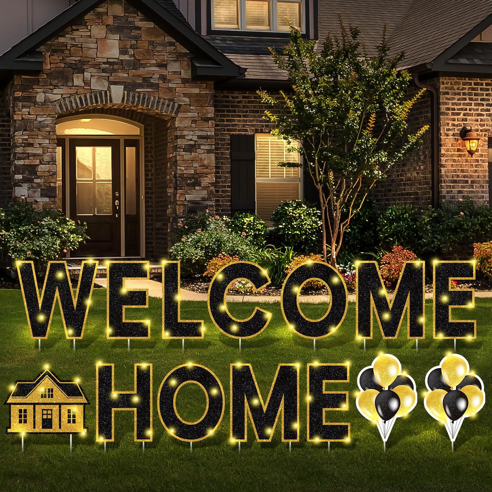 Yerliker front view of full welcome home display showing clear greeting and curb appeal