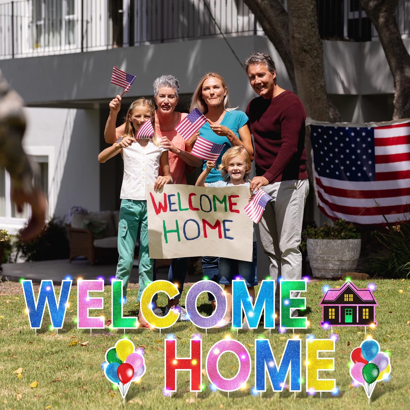 Yerliker installed welcome home signs on a front lawn creating festive curb appeal