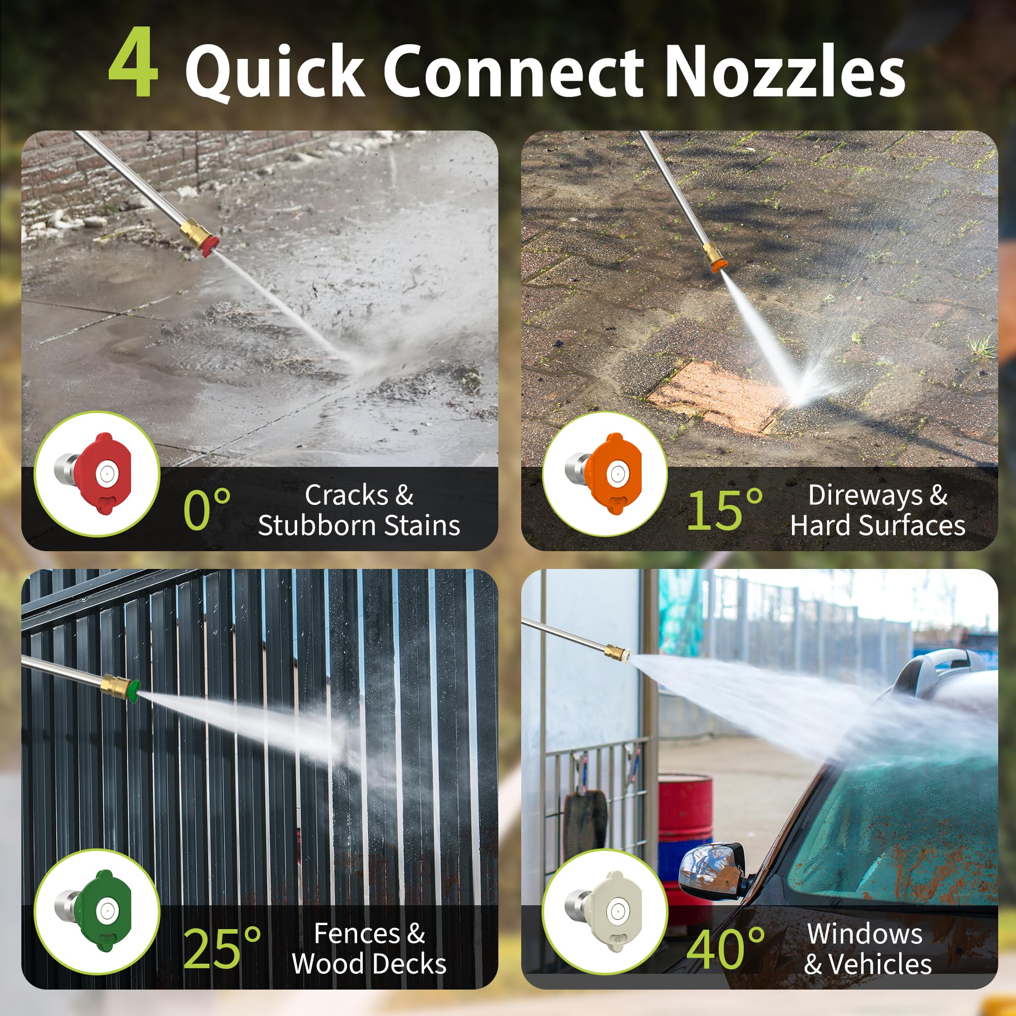 Yeryork four metal quick-connect nozzles demonstrating spray options