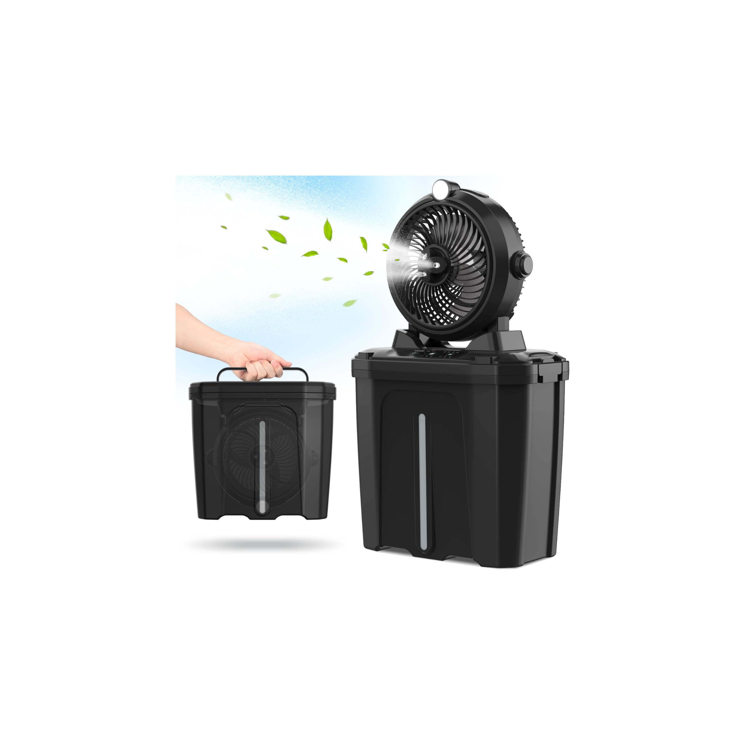 YESERLI front view of misting fan showing compact cooling and light