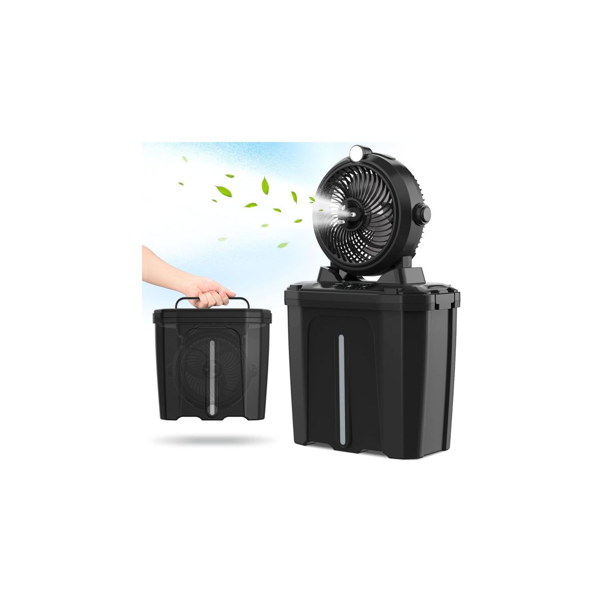 YESERLI front view of misting fan showing compact cooling and light