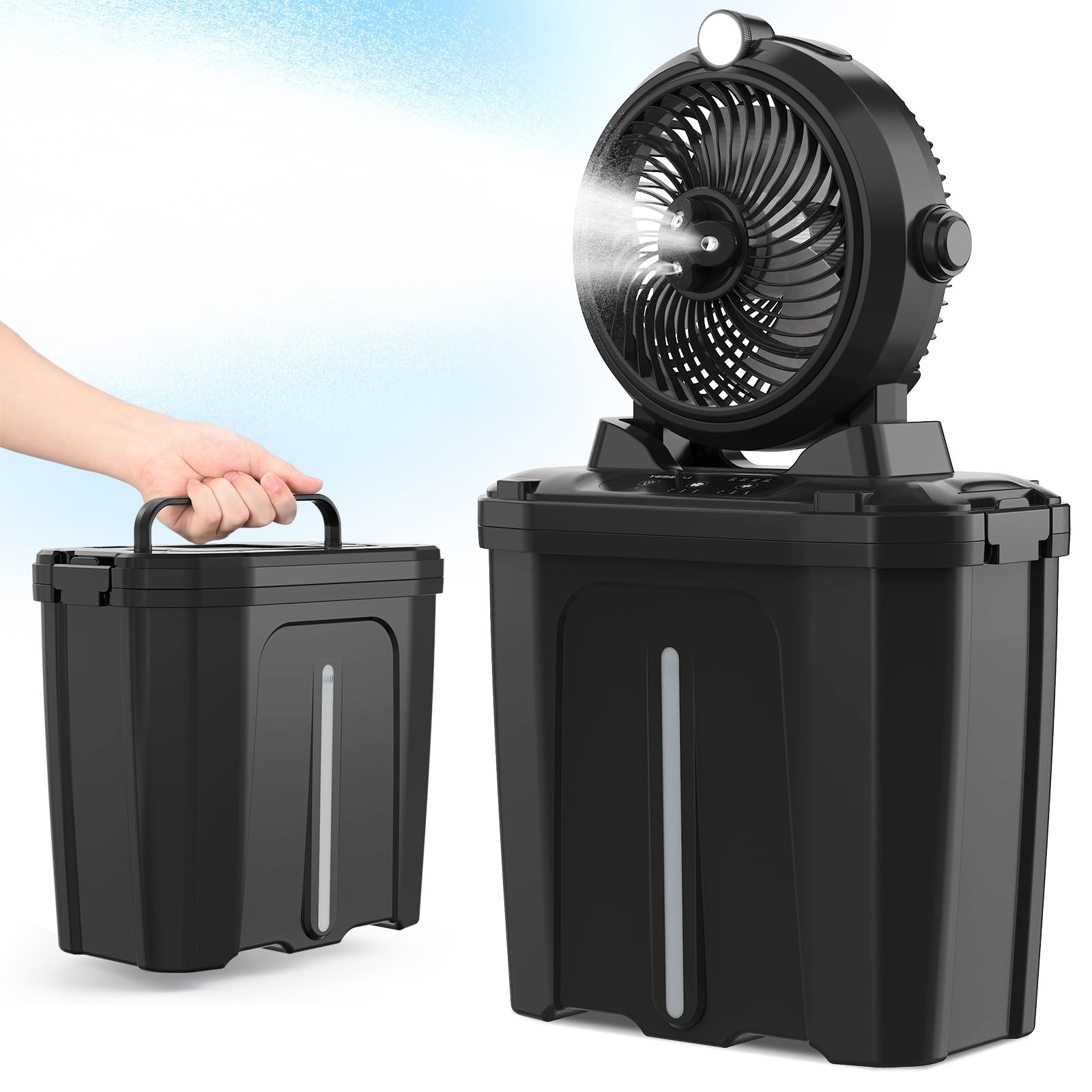 YESERLI front view with water bucket showing portable cooling benefit