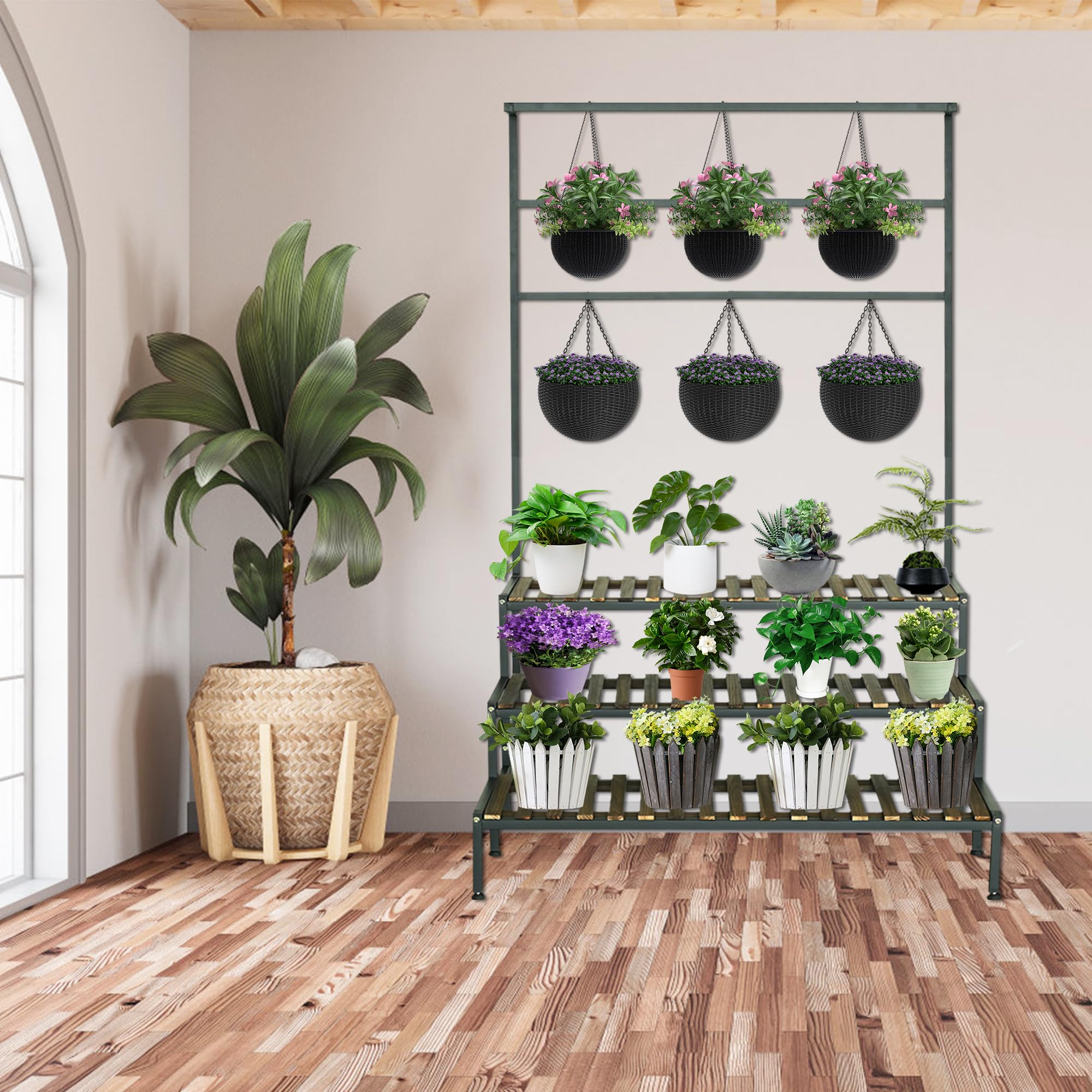 yeshine shelves filled with planters demonstrating large storage capacity and styling
