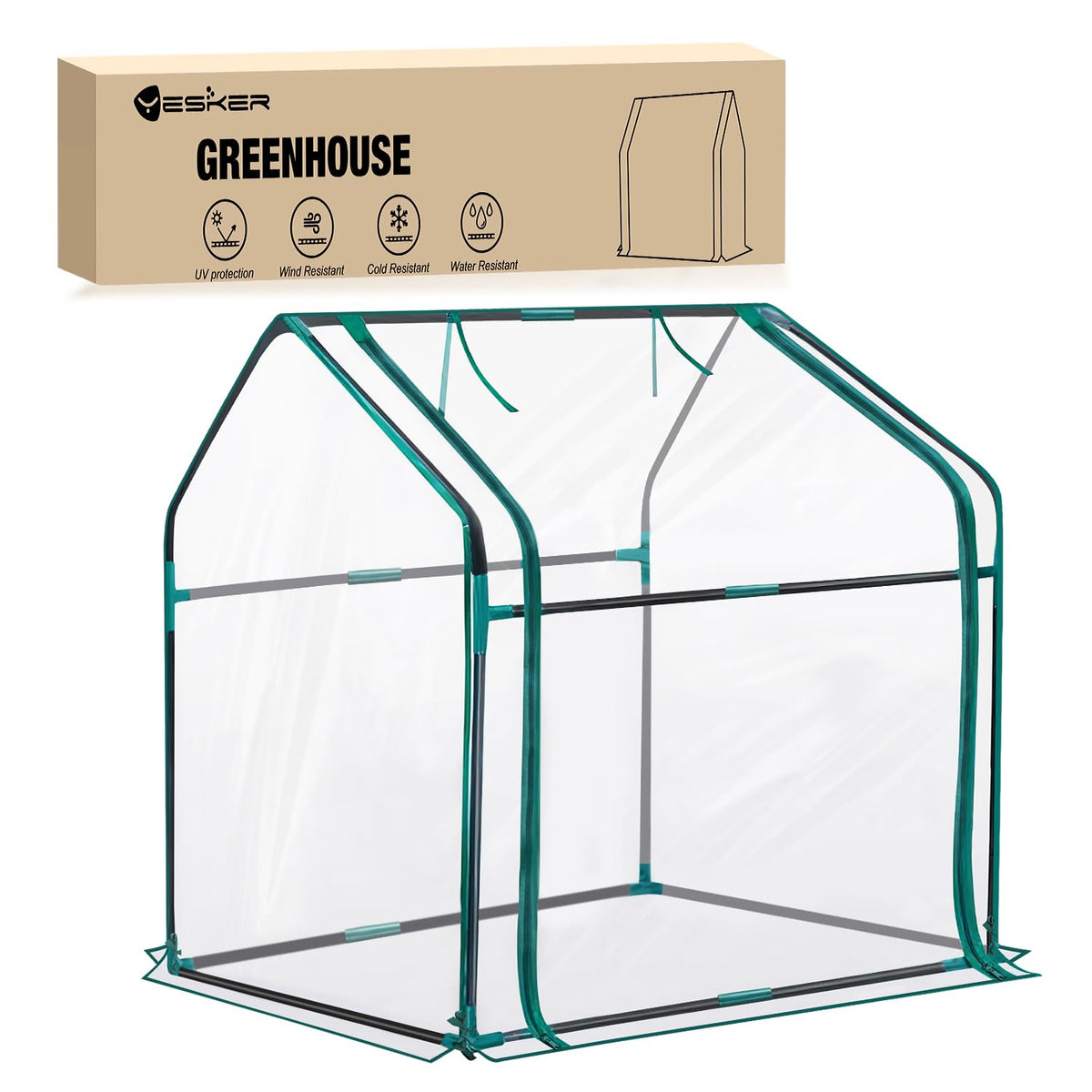 Yesker front view showing full greenhouse setup and easy plant access