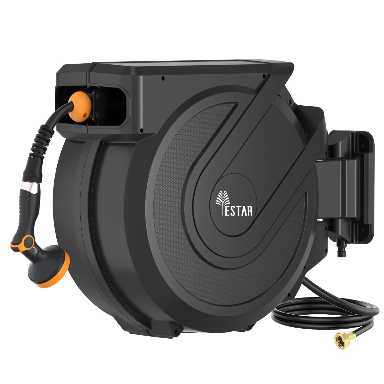 YESTAR front-mounted reel showing compact wall-mounted storage and tidy yard benefit