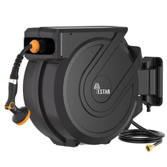 YESTAR front-mounted reel showing compact wall-mounted storage and tidy yard benefit