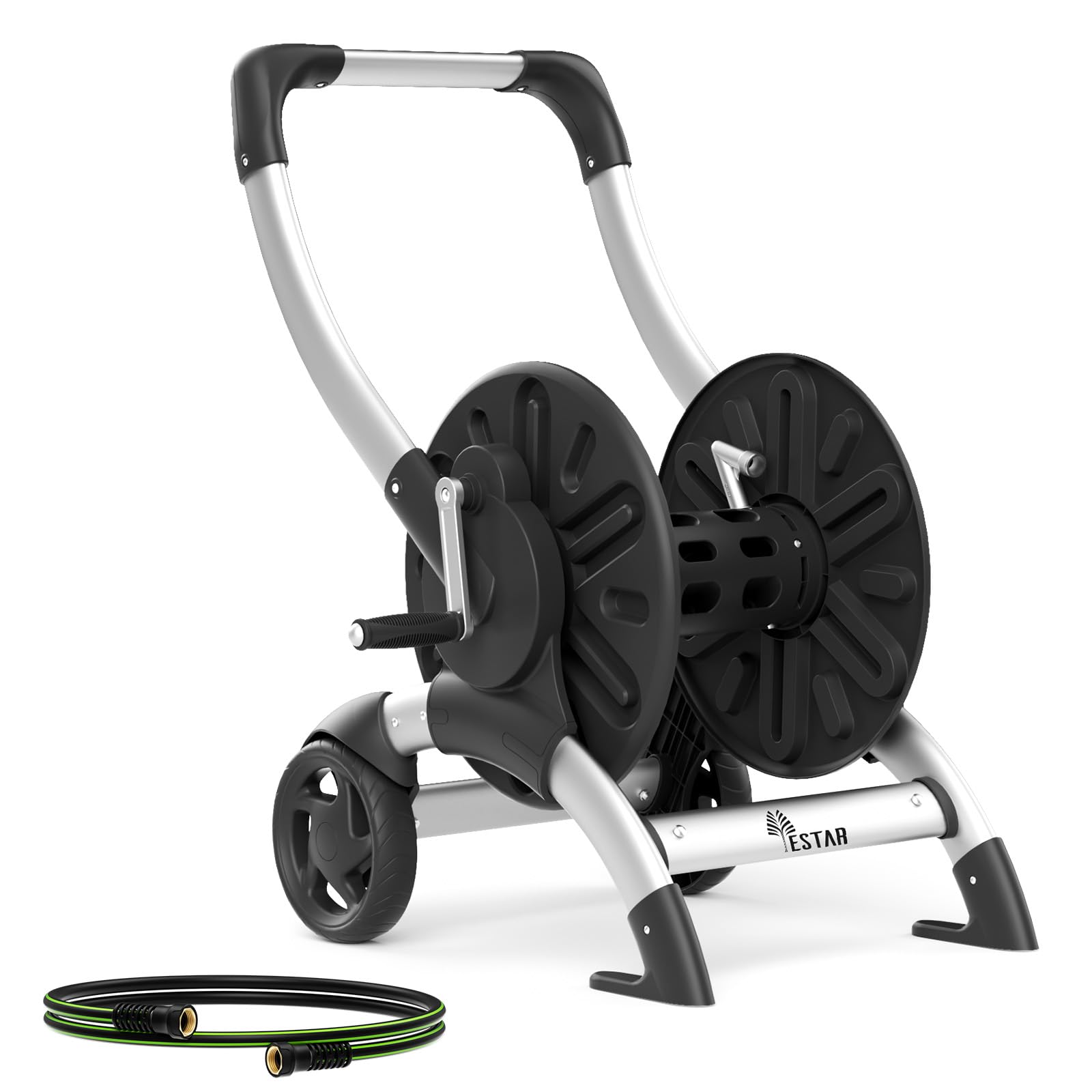 YESTAR front view of hose reel cart showing capacity and stability benefit