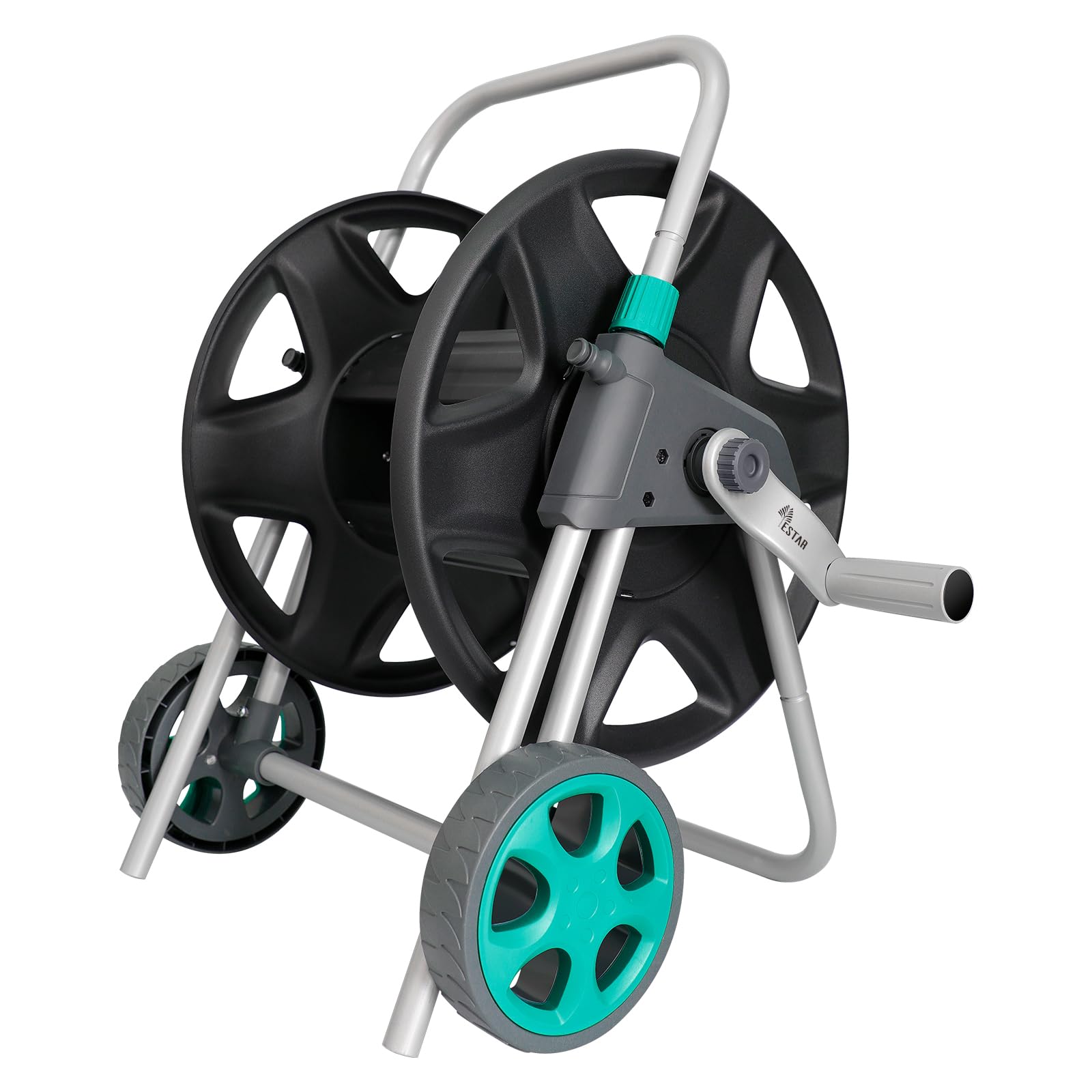 YESTAR front view of hose cart showing wheels and handle, easy mobility
