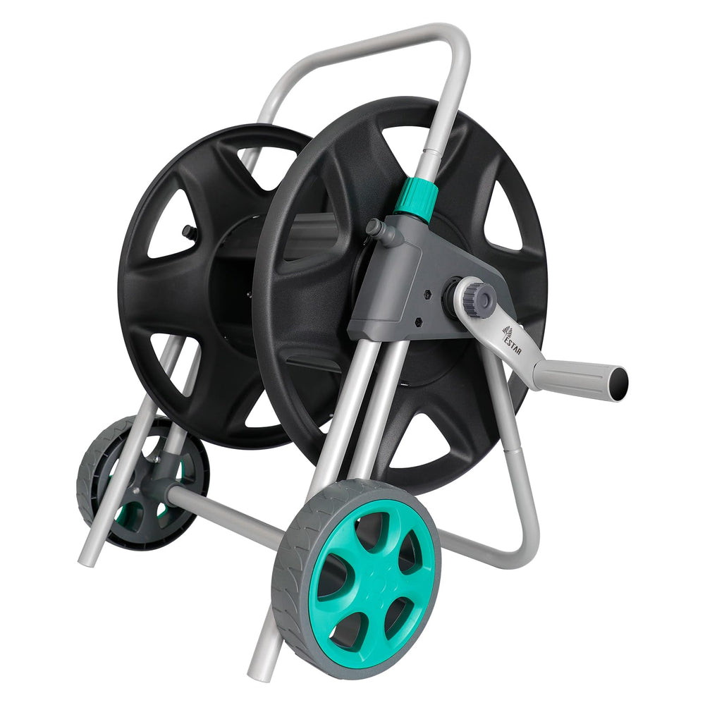 YESTAR front view of hose cart showing wheels and handle, easy mobility