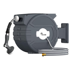 YESTAR front view of hose reel showing compact wall-mounted design and tidy storage benefit