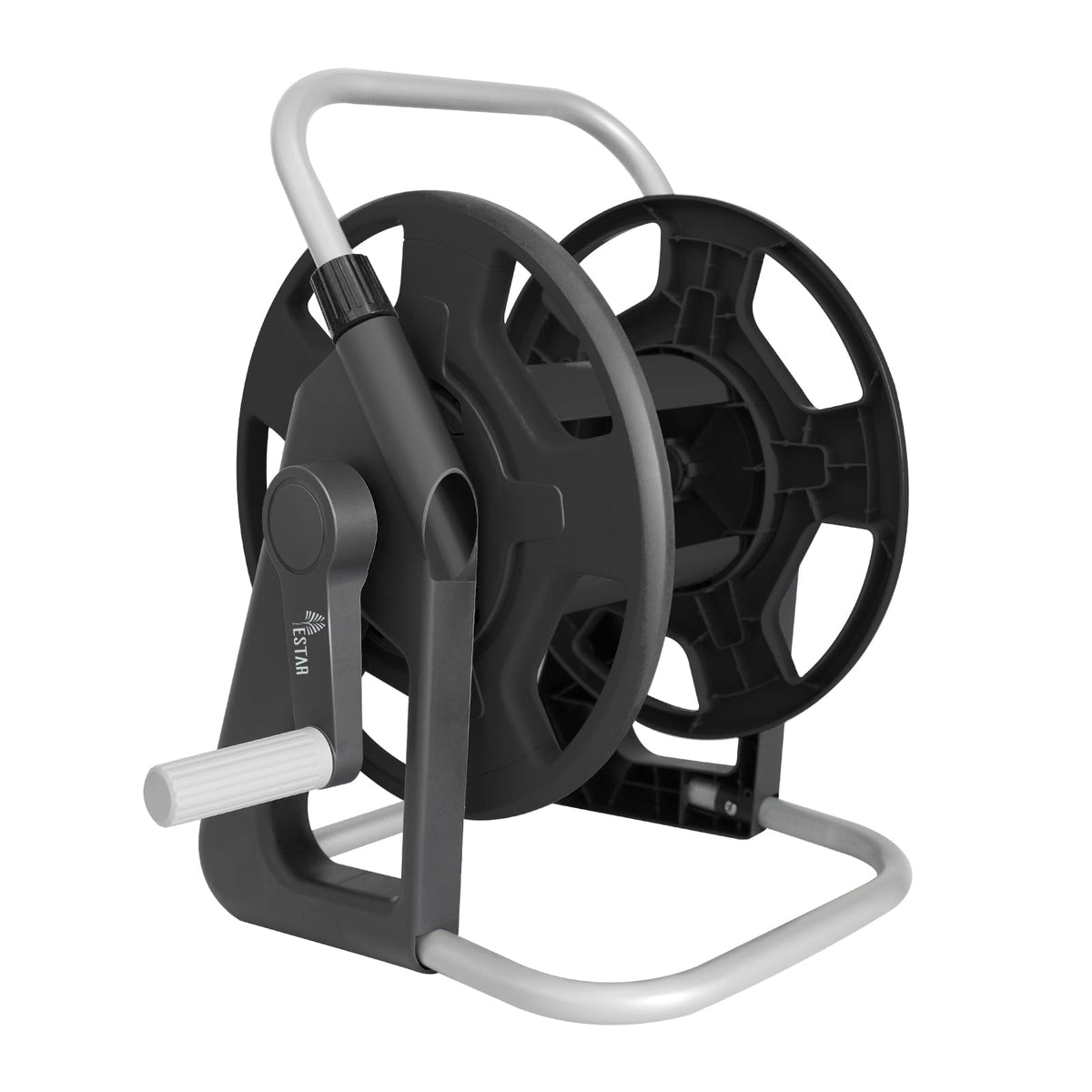 YESTAR front view of hose reel showing compact, stable cart and tidy hose storage