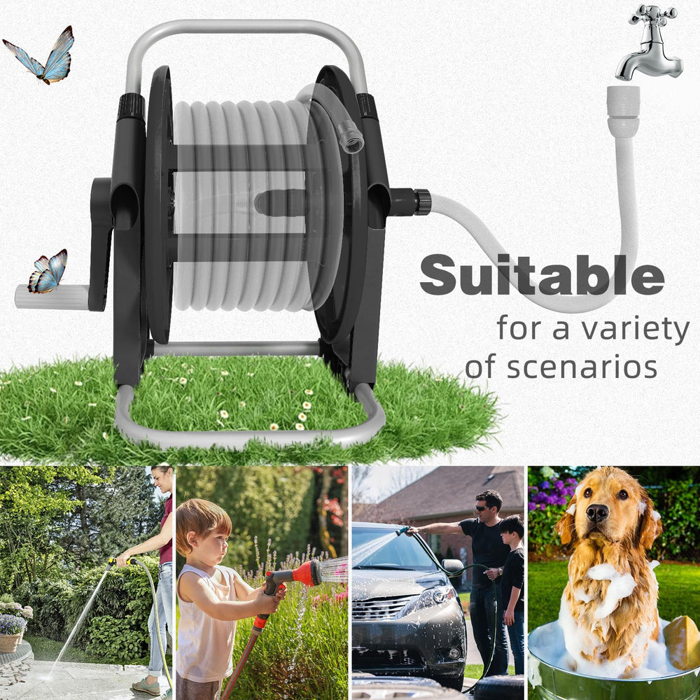 YESTAR hose reel being wheeled across lawn for easy transport and watering