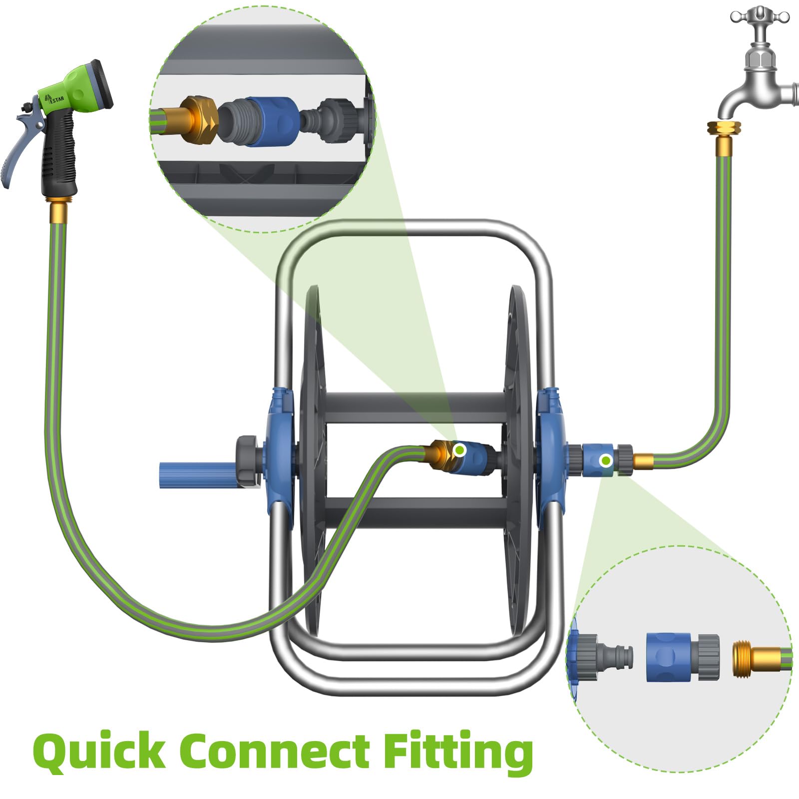 YESTAR inline connection label showing easy hose attachment and control
