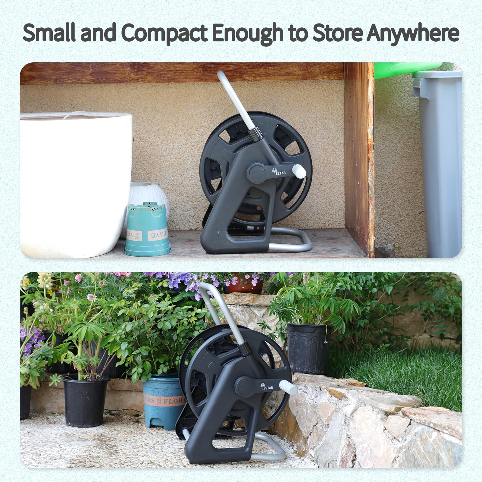 YESTAR hose reel beside common objects to show size and space-saving benefits