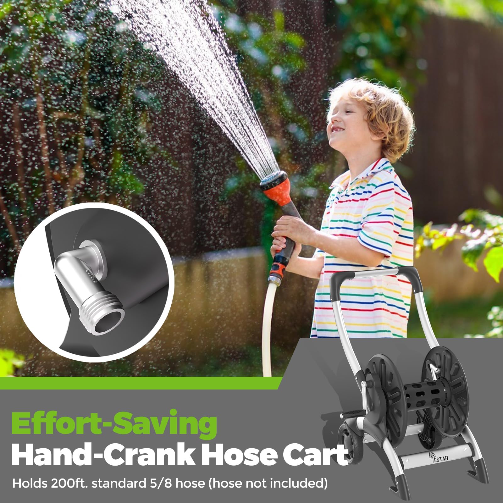 YESTAR cart in garden use showing long-reach watering benefit