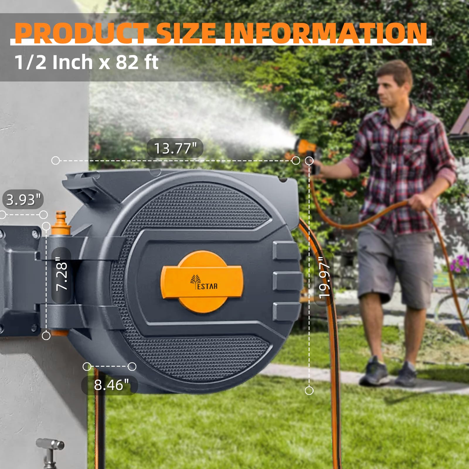 YESTAR reel mounted in garden with person watering showing easy use