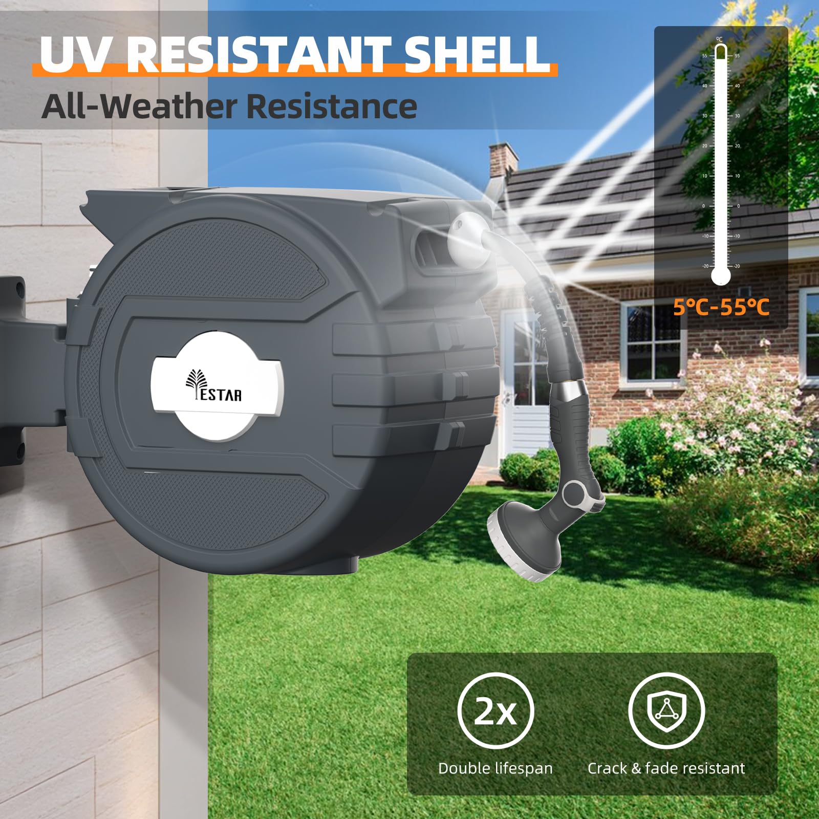 YESTAR hose mid-retraction showing controlled slow rewind that prevents whipping