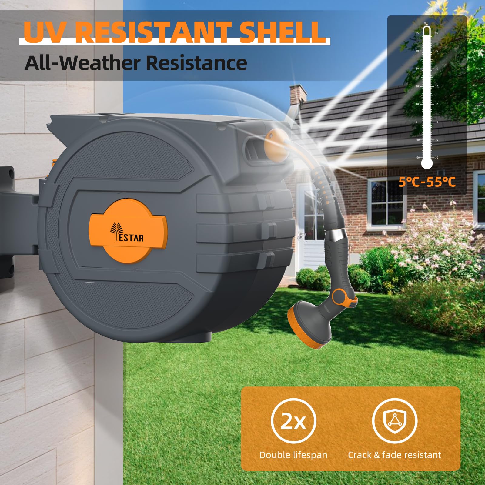 YESTAR hose retracting into reel slowly demonstrating tangle-free storage