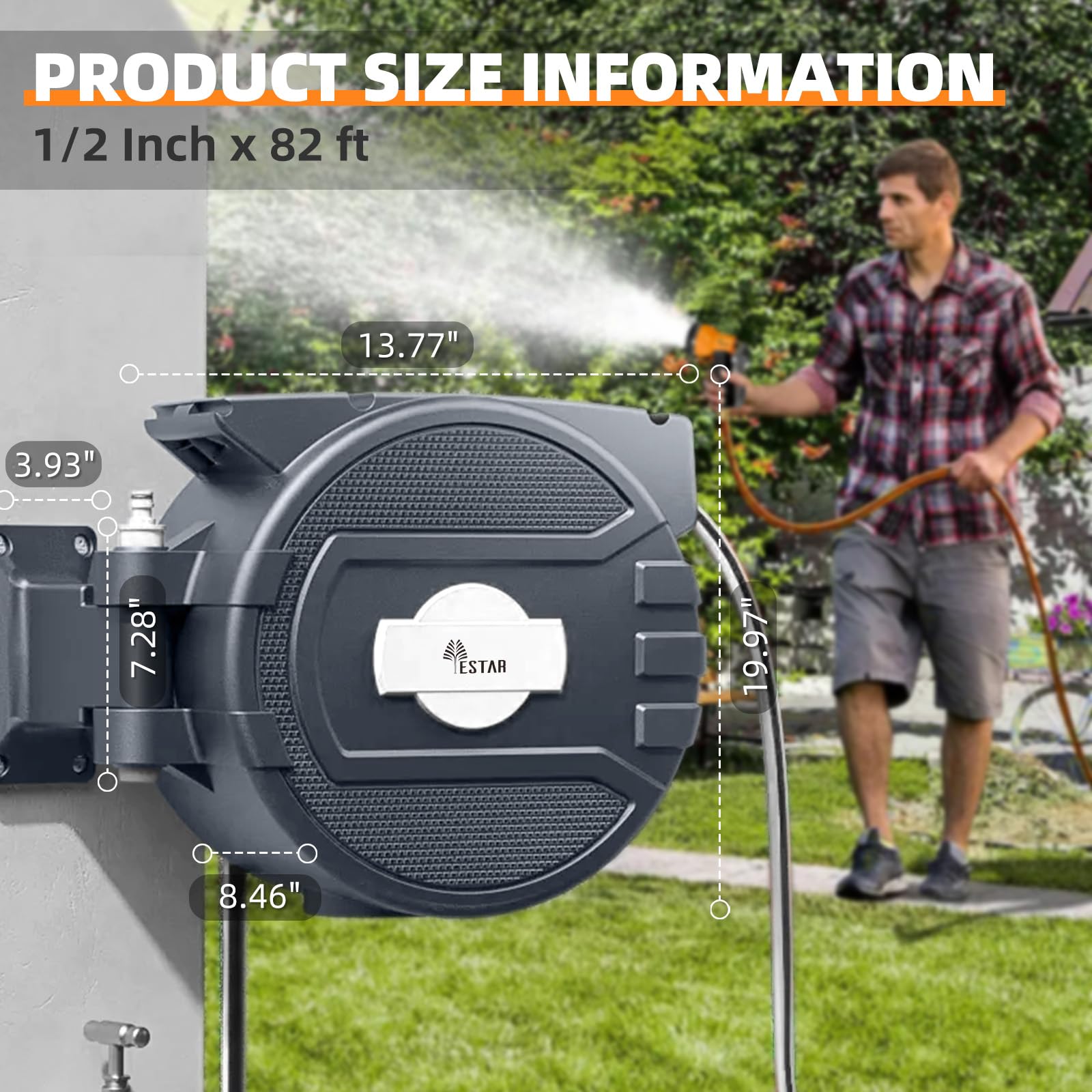 YESTAR hose next to garden tools showing 65 ft scale and easy storage benefit