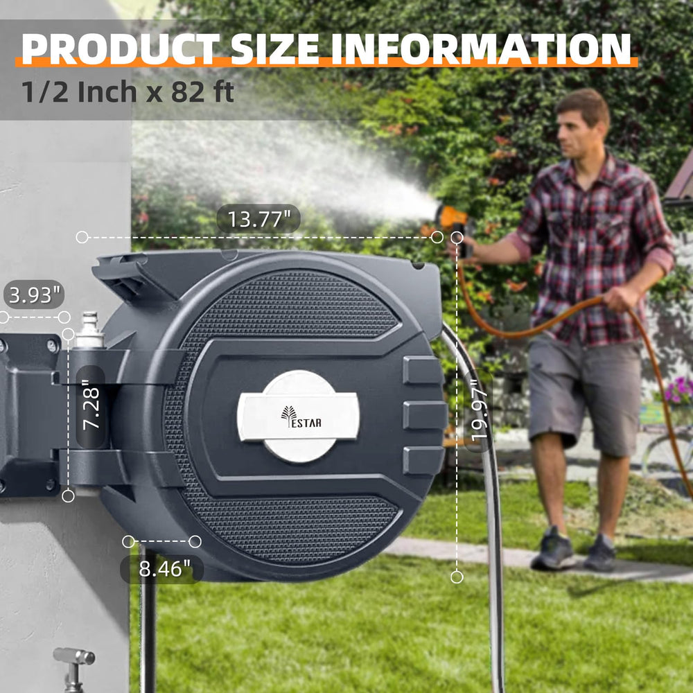 YESTAR hose next to garden tools showing 65 ft scale and easy storage benefit