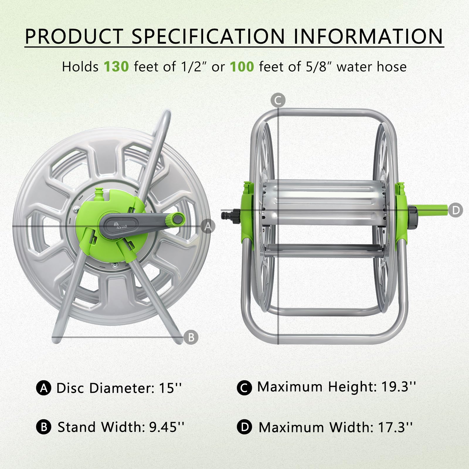 YESTAR coiled 5/8" hose on reel showing neat, tangle-free storage