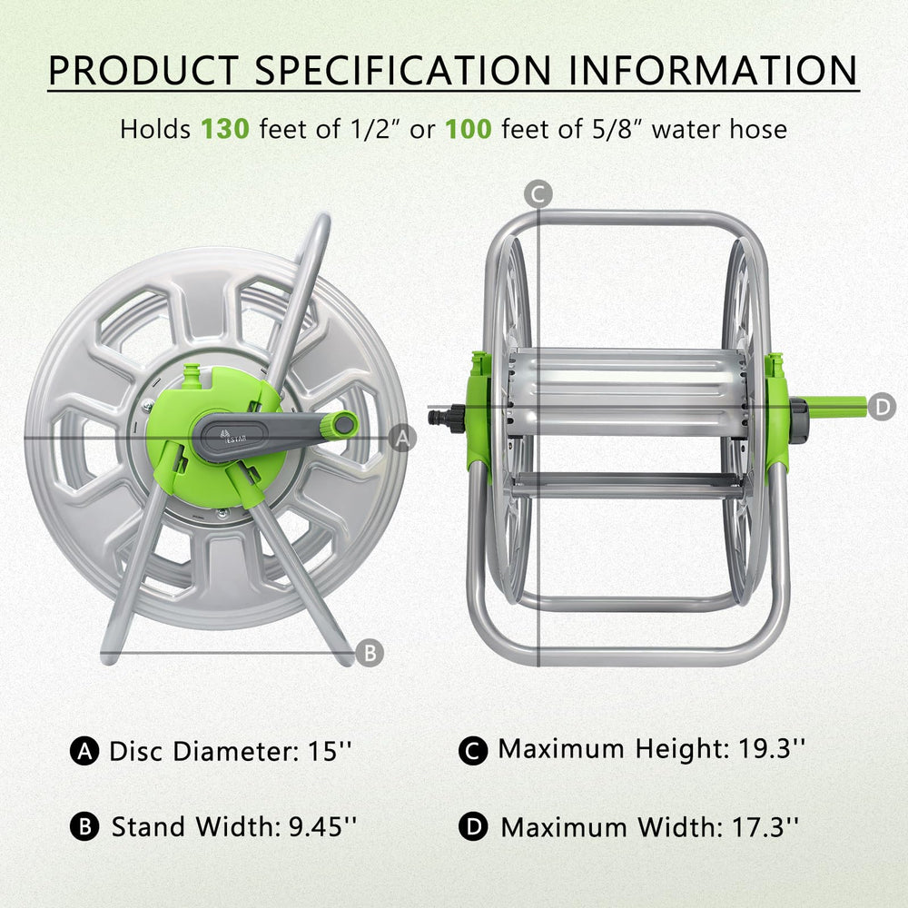 YESTAR coiled 5/8" hose on reel showing neat, tangle-free storage