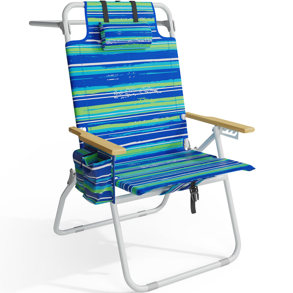 Yestomo front view striped blue and green chair showing high seat benefit