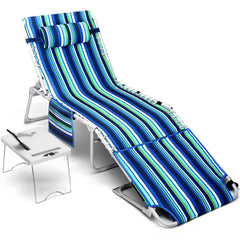 Yestomo front view striped blue showing full recliner and built-in table benefit comfort