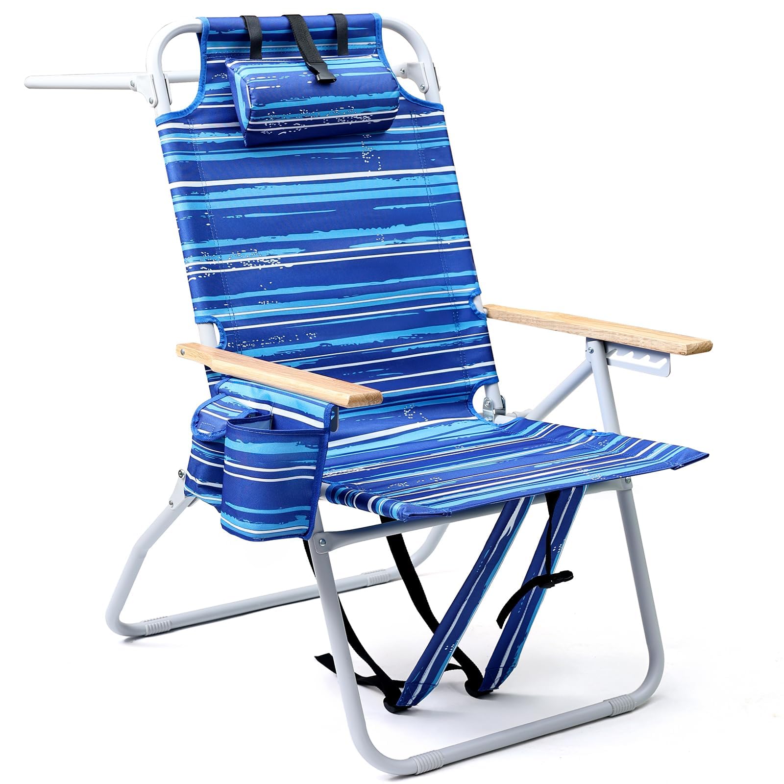 Yestomo front view tall beach chair showing wooden armrests and stable seat benefit