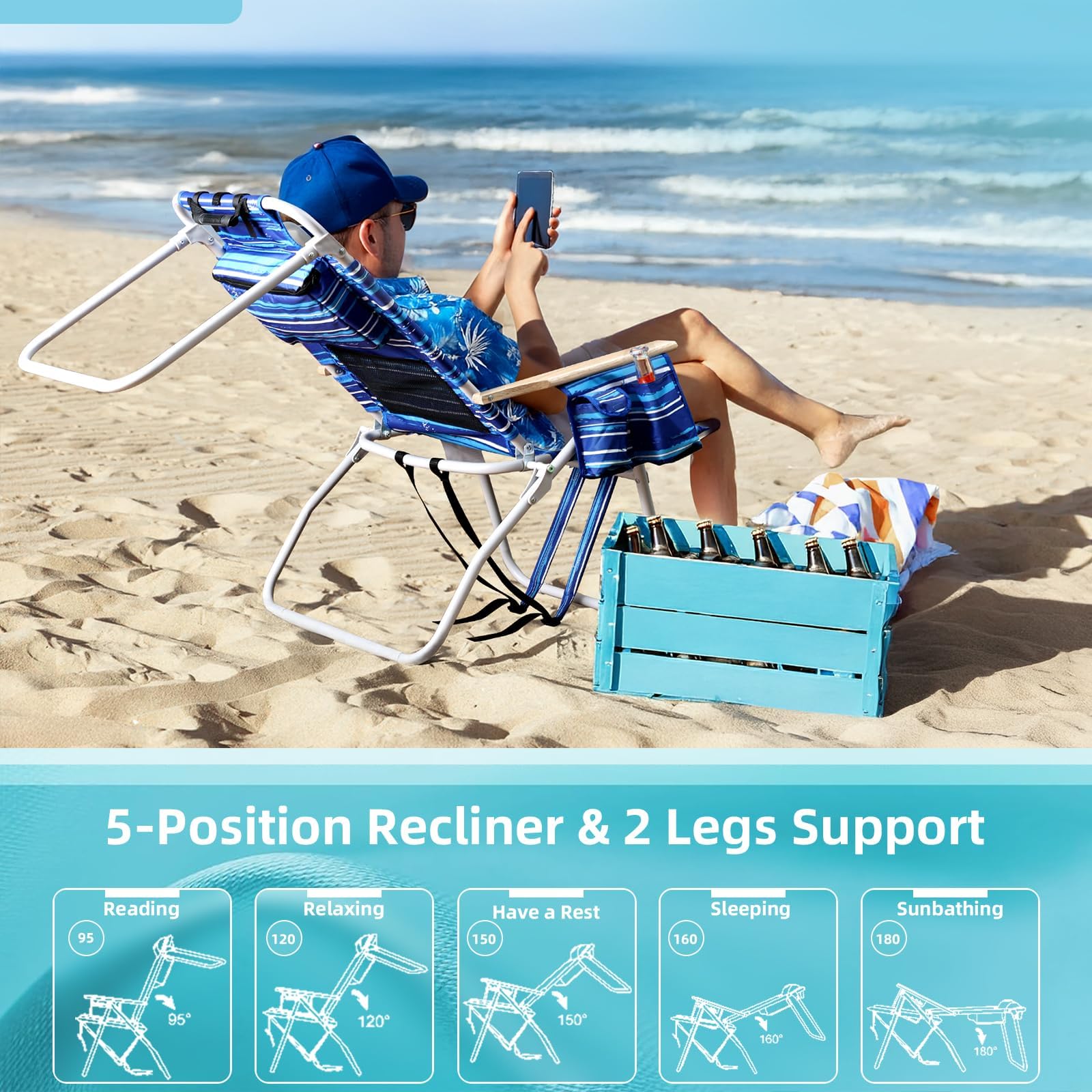Yestomo chair in use at beach showing cooler pouch keeping drinks cold benefit