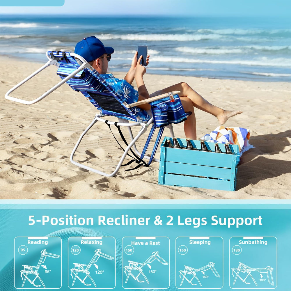 Yestomo chair in use at beach showing cooler pouch keeping drinks cold benefit