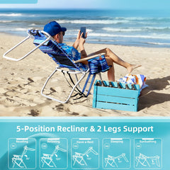 Yestomo chair in use at beach showing cooler pouch keeping drinks cold benefit