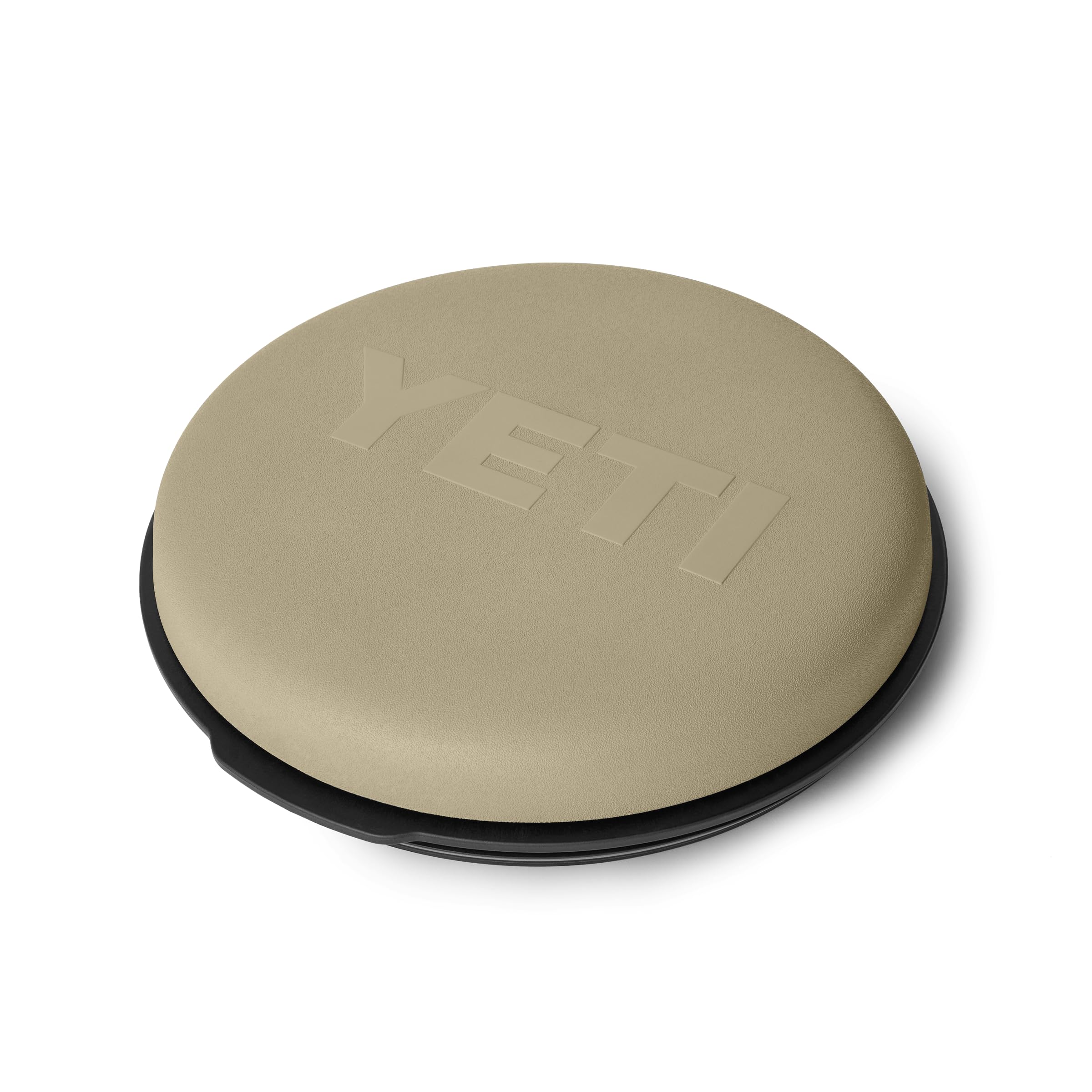 YETI front view of tan LoadOut bucket showing cushioned seat and durable build for comfortable sitting
