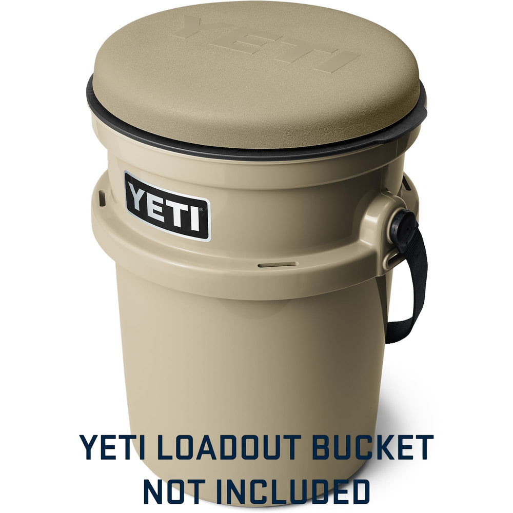 YETI seat hooked on bucket side so tools stay accessible and seat stays clean during activity