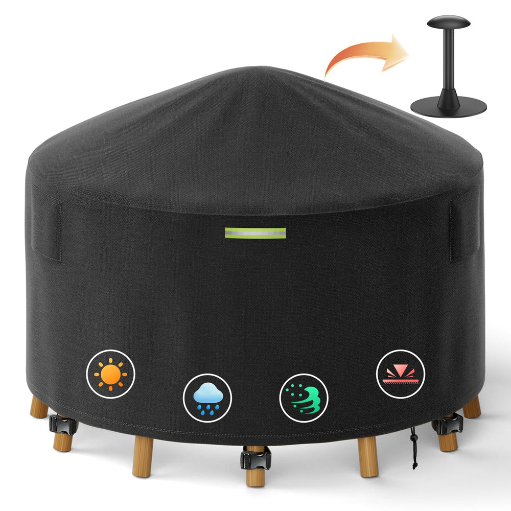 Yexcend front view of 96-inch round cover protecting patio table and chairs, ensures dry furniture