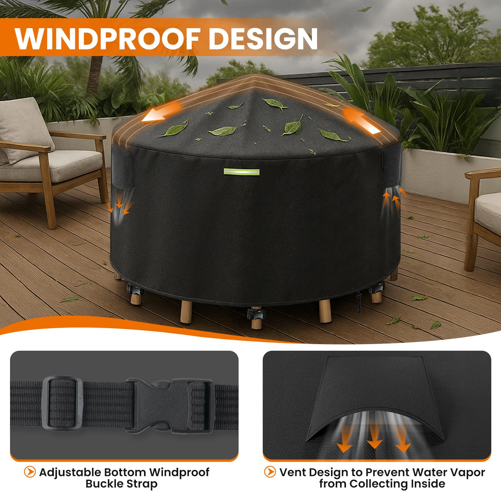 Yexcend cover shown beside a person for scale to illustrate 96-inch diameter fit and protection
