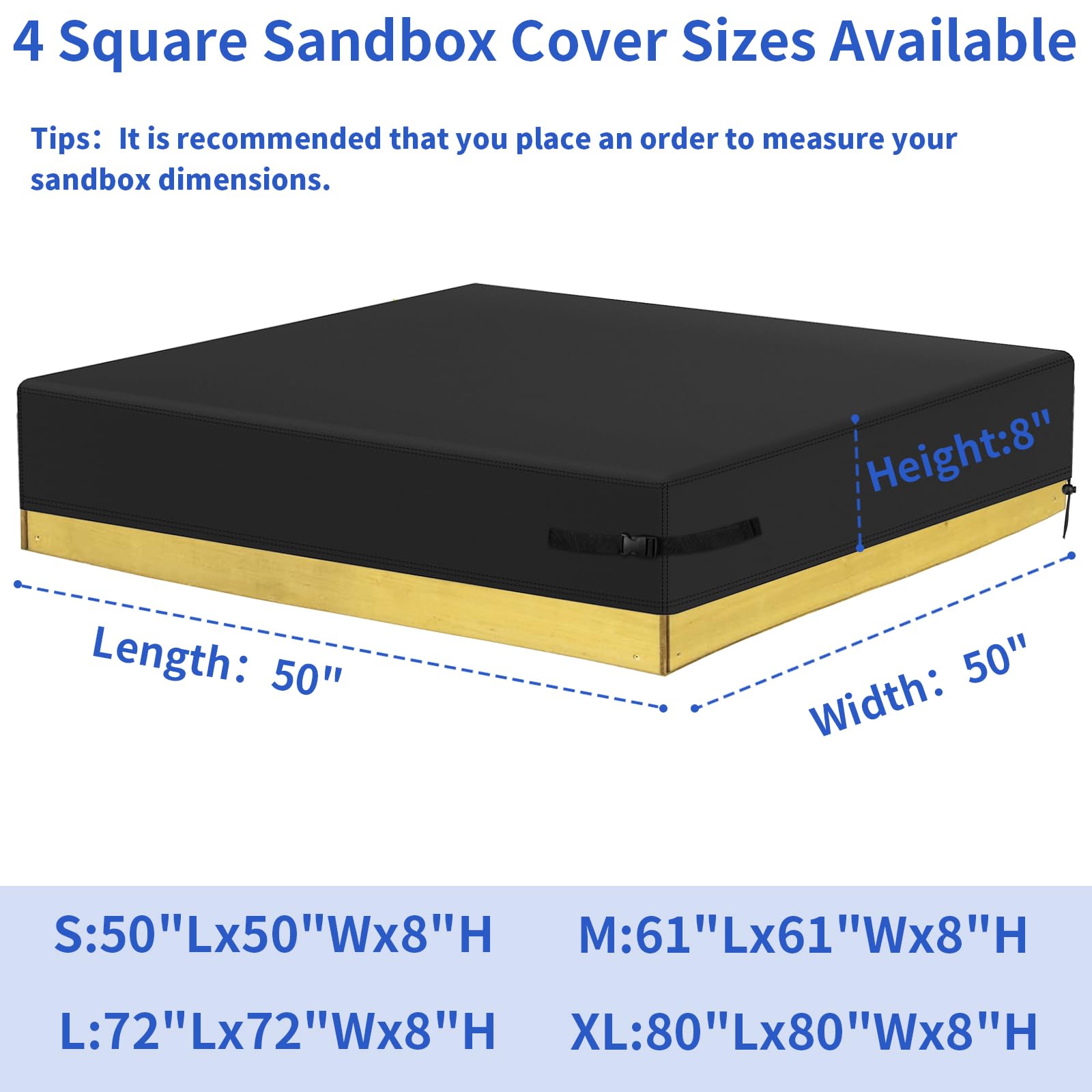 Yexcend cover next to measuring tape illustrating 50x50x8 inch dimensions